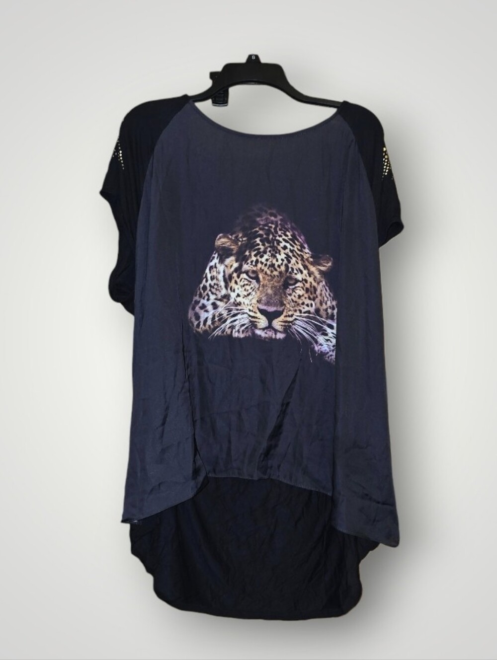 Lane Bryant Black Leopard Face High-Low Tee With Shoulder Embelishments